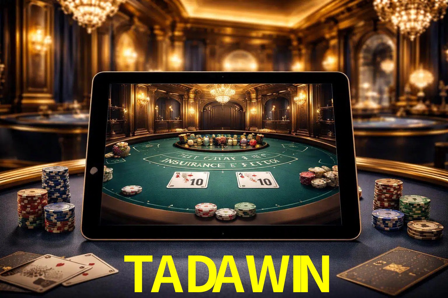 Configuración moderna de casino en vivo con una tableta mostrando una mesa de blackjack, luces cálidas de estudio y una atmósfera elegante de juegos digitales.
