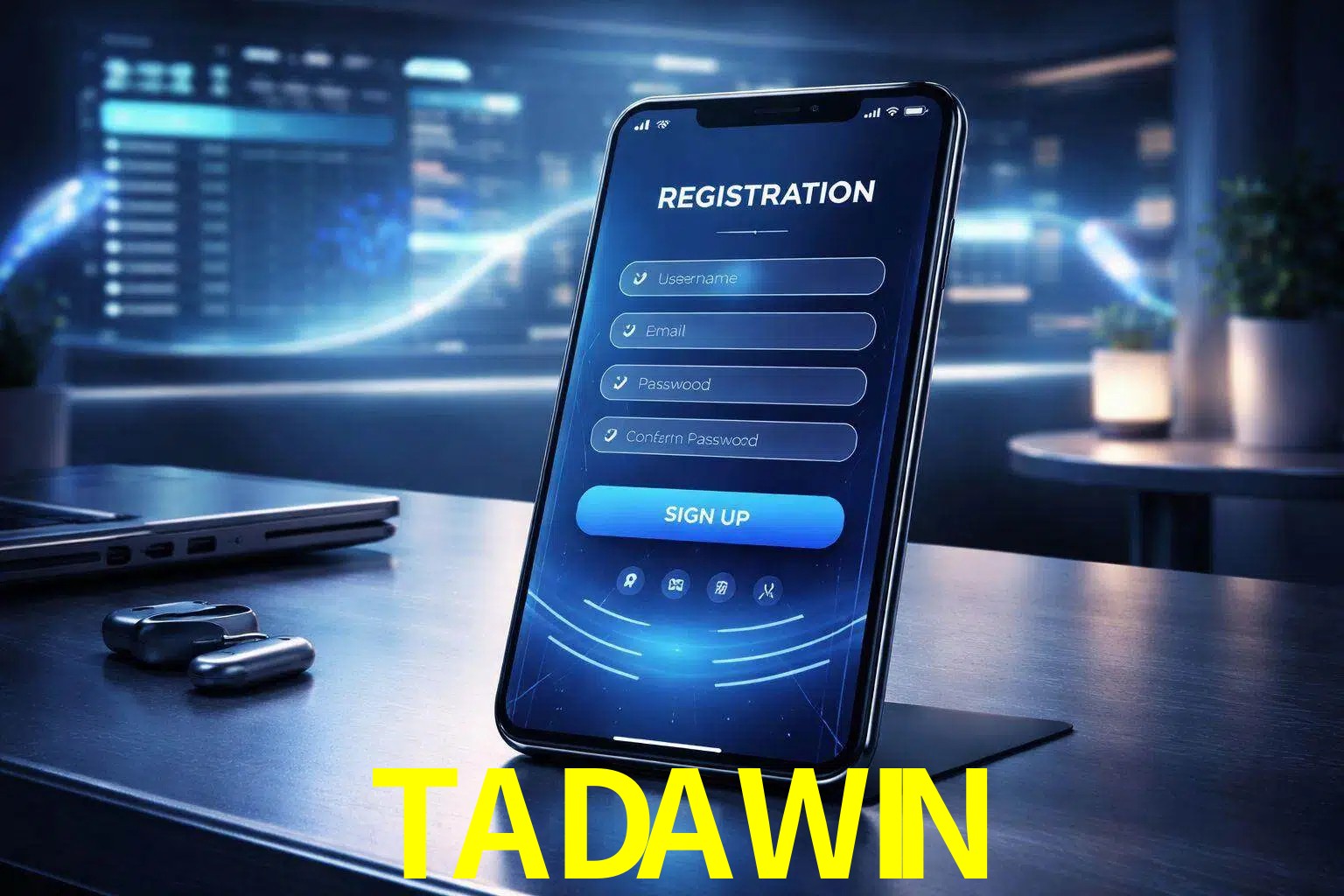 Una interfaz moderna de registro móvil para TADAWIN mostrada en un smartphone con un panel de apuestas elegante.